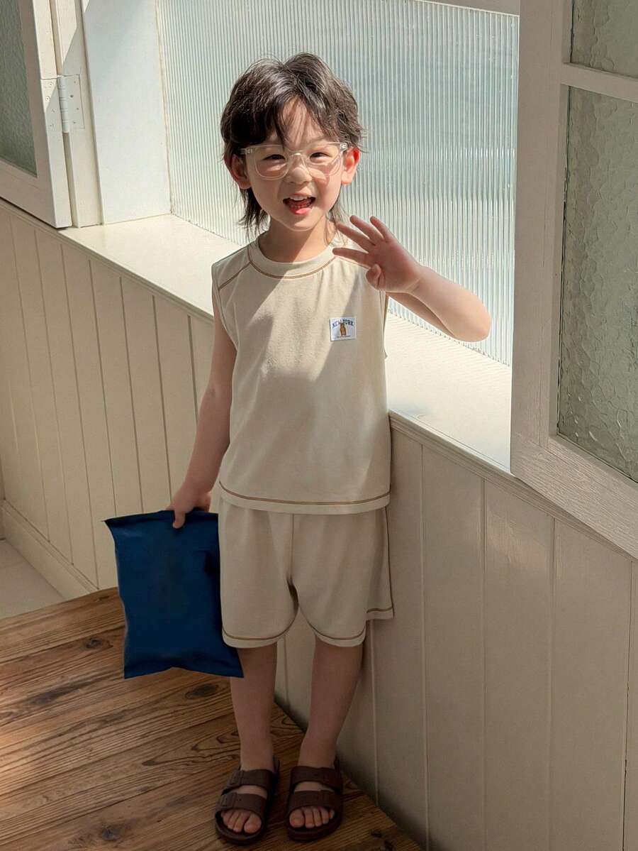 Dazy Kids 男童无袖上衣和短裤套装，轻便夏季家居服 - 杏色 - 查看 1