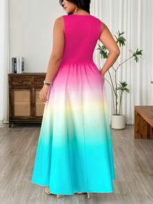 Breezaya Plus Size Gradient Color Sleeveless Midi Dress, Casual Vacation Style - Multicolor - View 2