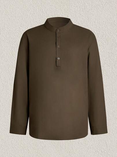 Mercer Haus 男士复古硬币纹纯色卷袖立领亨利衫 - 轻盈透气休闲衬衫，经典水洗棉，四季皆宜