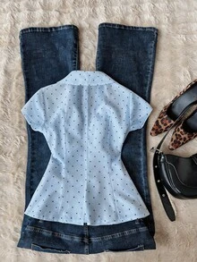 Blusa de mujer con escote en V, volantes y lunares, ropa de playa de moda, top casual sexy para primavera/verano - Azul - Ver 2
