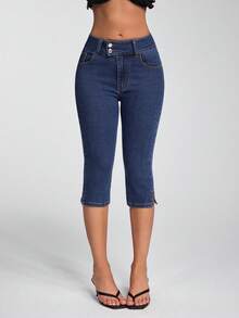 Jeanoix Petite Y2K 女式腰部纽扣设计口袋修身七分牛仔裤 - 深色水洗藍 - 查看 3