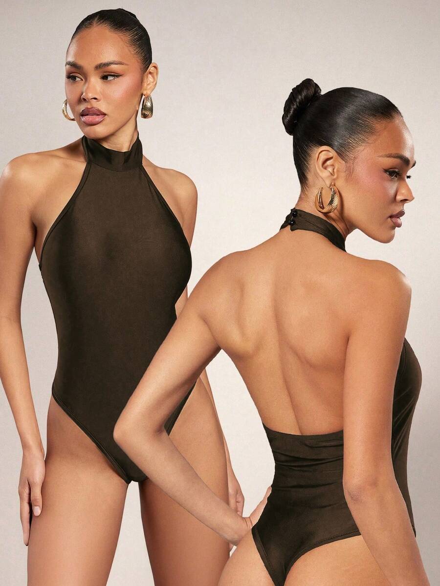 Hauture 女士纯色挂脖连体衣,修身百搭,适合日常穿着 - 棕色 - 查看 1