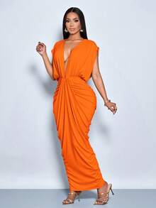 女士优雅柔粉色深V领褶皱修身连衣裙，优雅派对晚宴长裙，宴会完美之选 - 橘色 - 查看 5