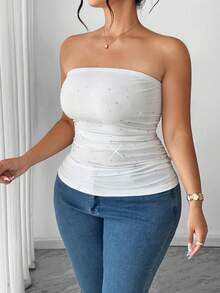 Elenzga Áo camisole xếp ly đính đá lấp lánh, ôm sát, thanh lịch dành cho nữ cỡ lớn - trắng - Xem 1