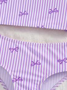 SHEIN Young Girl Striped Bow & Floral Print Decorated Swimwear Set - Purple - View 5