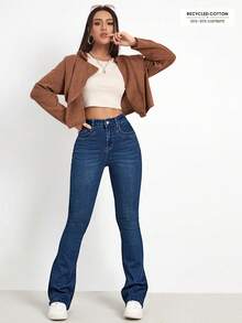 SHEIN FlexDen Jeans de pierna acampanada con lavado desteñido de cintura alta en azul denim lavado - Azul - Ver 3