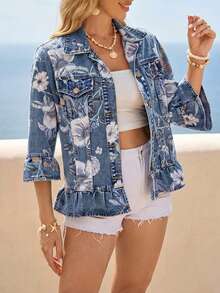 Breezaya Women's Casual Floral Print Denim Jacket - Blue - View 5