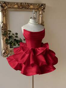 Lovelzi Vestido elegante, romántico y de moda con hombros descubiertos y volantes en el bajo, adecuado para fiestas de solteros, bodas, graduaciones, vacaciones, tardes de té y despedidas de soltera - Rojo - Ver 6