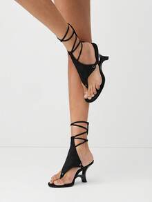 SHUZIA Women's Chic Casual Lace-Up Leg Wrap Sculpted Wedge Thong Sandals Summer Shoes - Black - View 3