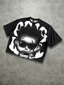 Manfinity ZONE917 Men's Oversized Distressed Funny Money Diamond Teeth Tattoo Big Face Allover Print Loose Fit Short T-Shirt - Black - View 6