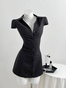 Elamini 女士连衣裙，V领褶皱黑白条纹衬衫裙，条纹职业装，复古女士办公室工作服，女士正装，女士工作连衣裙，女士细条纹连衣裙，女士套装 - 黑色 - 查看 5