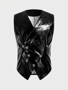 ROMWE MEN Street Life Chaleco de cuero sintético de unicolor gótico para hombres - Negro - Ver 9