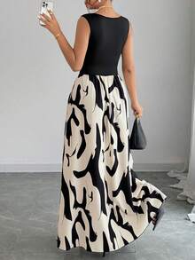 Elenzga Damen elegantes elastisches Strick-Patchwork Geometrisch Farbblock Muster A-Linien Kleid, geeignet für Alltag und Büro, Frühling/Sommer - Verschiedenfarbig - Übersicht 2