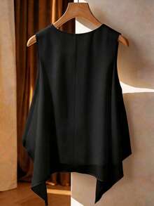 Franclia 大码不对称下摆蝴蝶结无袖雪纺上衣，时尚度假风，春夏款 - 黑色 - 查看 2