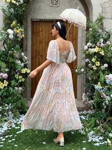 Lyrianda Plus Size Women Elegant Floral Print Long Pleated Dress - Pink - View 2