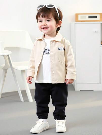 SHEIN Playful Pals 3 件套男婴休闲韩版白色长袖衬衫、字母印花背心和黑色长裤套装，适合日常运动和户外活动，春夏季