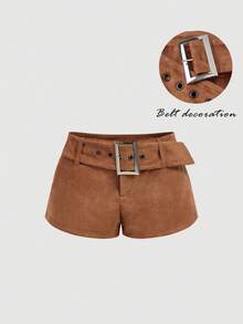 SHEIN MOD Quần short nữ thời trang thường ngày có khóa cài, quần short mini da lộn màu nâu với khóa kim loại cho cosplay, trang phục lễ hội âm nhạc cho nữ, quần short màu nâu cho nữ, quần short có thắt lưng, Phong cách: Thường ngày, trang phục dự tiệc, đi chơi, tiệc vườn, hòa nhạc đồng quê, lễ hội âm nhạc, Boho, trang phục cao bồi cho nữ, trang phục miền Tây cho nữ, Boho - màu nâu - Xem 4