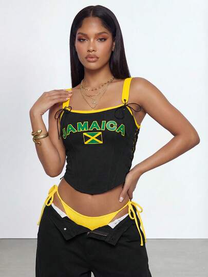Gowayae Gowayae Áo hai dây thể thao nữ mùa hè ôm sát, phối màu tương phản, in chữ và số, màu cờ quốc gia Jamaica, kiểu chữ số retro, phong cách mùa hè cổ điển, thời trang đường phố, Y2K, Soft Girl, đồ thể thao Gen Z, áo hai dây mùa hè.