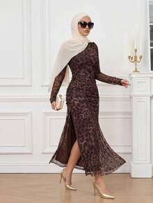 Calvaya Elegante vestido maxi de mujer con degradado tie dye, fruncido, de malla con estampado de leopardo, cuello asimétrico y abertura alta, conjunto de ropa de otoño para vacaciones de mujer - Café - Ver 6