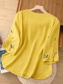 SHEIN LUNE Áo kiểu dáng bohemian thêu hoa thanh lịch dành cho nữ cỡ lớn - Màu vàng - Xem 2