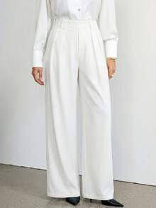 SHEIN Tall Quần ống rộng nữ dáng suông, màu trơn, đa năng, cạp cao, quần ống rộng - trắng - Xem 5