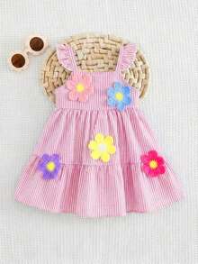SHEIN Baby Girl Summer Casual Striped Dress With 3D Floral Decor - Pink - View 6