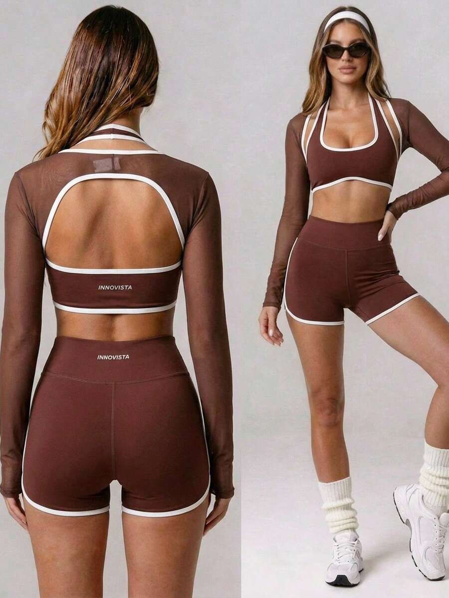 Innovista 女士撞色露背长袖上衣和短裤休闲运动套装 棕色健身套装 女士运动服 女士运动套装 女士健身套装 女士健身服套装 - 卡其色 - 查看 1