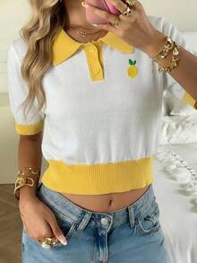SHEIN CovetEZ 休闲简约风夏季度假撞色柠檬菠萝水果刺绣定位图案女式针织衫，超火小众学院风品牌，潮流爆款街头服饰系列，超萌Polo领短袖，适合春夏穿着 - 彩色 - 查看 8