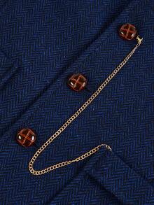 Officeau New Men's Herringbone Tweed Waistcoat, Vintage Lapel Chain Decor Vest - Blue - View 5