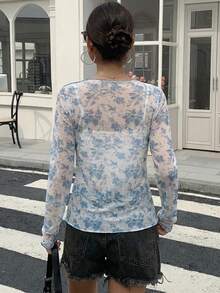 DAZY Floral Print Top-Stitching Mesh Top Sheer Long Sleeve Women Tops - White - View 17