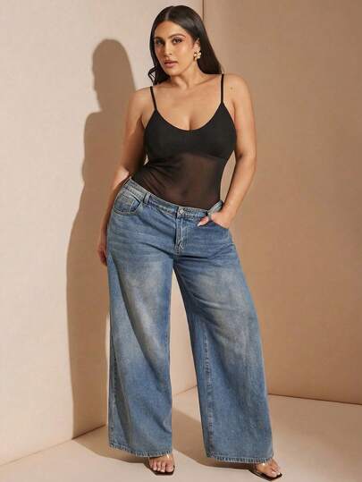 SHEIN BAE Áo liền thân hai dây mỏng, màu trơn, gợi cảm, cỡ lớn, thích hợp cho mùa hè.