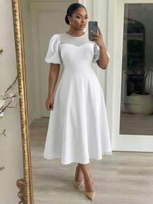 SHEIN Lady Chic Plus Size White Puffy Sleeve Midi Dress For Women With Sheer Neckline - White - View 1