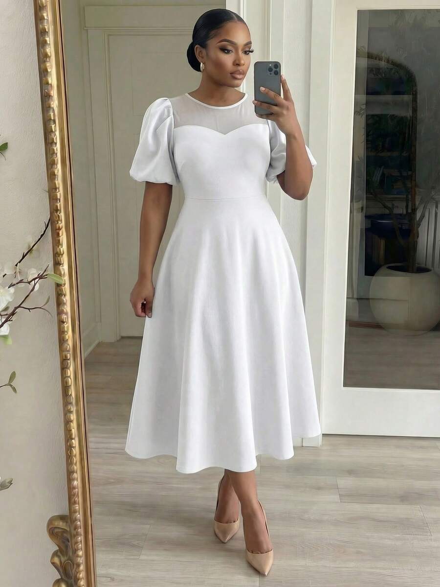 SHEIN Lady Chic Plus Size White Puffy Sleeve Midi Dress For Women With Sheer Neckline - White - View 1