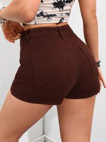 SHEIN PETITE Women's Button Casual Streetwear Versatile Daily Wear Denim Skorts, Petite Everyday Dark Brown Summer - Brown - View 2