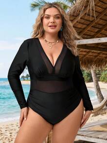 SHEIN CURVE+ 大码女士连体泳衣，夏季假日网纱拼接泳装 - 黑色 - 查看 6