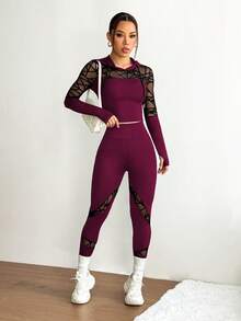 Slayform Slayform Setelan Olahraga Wanita Model Hoodie dan Legging dengan Motif Jala dan Tali Serut - Burgundy - View 9