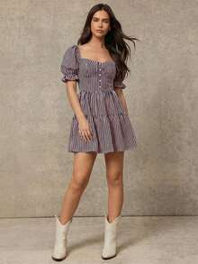 WESTFADE Vestido mini a rayas con botones delanteros - Morado - Ver 3