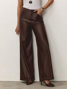 Daynim High Waist PU Wide Leg Pants - Brown - View 1