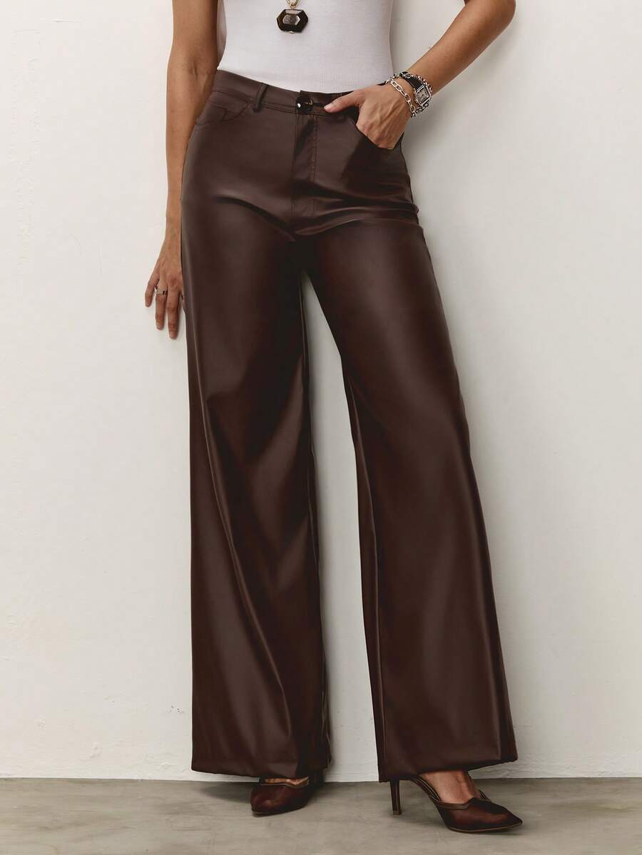 Daynim High Waist PU Wide Leg Pants - Brown - View 1