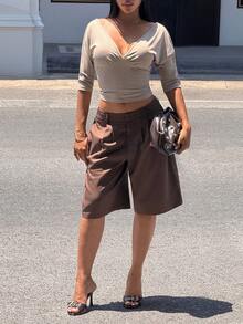 Slaydiva Áo kiểu nữ thanh lịch, giản dị, gợi cảm, cổ chữ V, tay lửng, thích hợp cho mùa hè. - Màu Khaki - Xem 3
