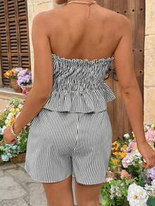 SHEIN 2pcs Maternity Striped Frill Trim Tube Top And Shorts Set - Black - View 2