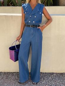 Livesso Bộ áo liền quần denim không tay dáng casual dành cho nữ - Màu xanh lam - Xem 1