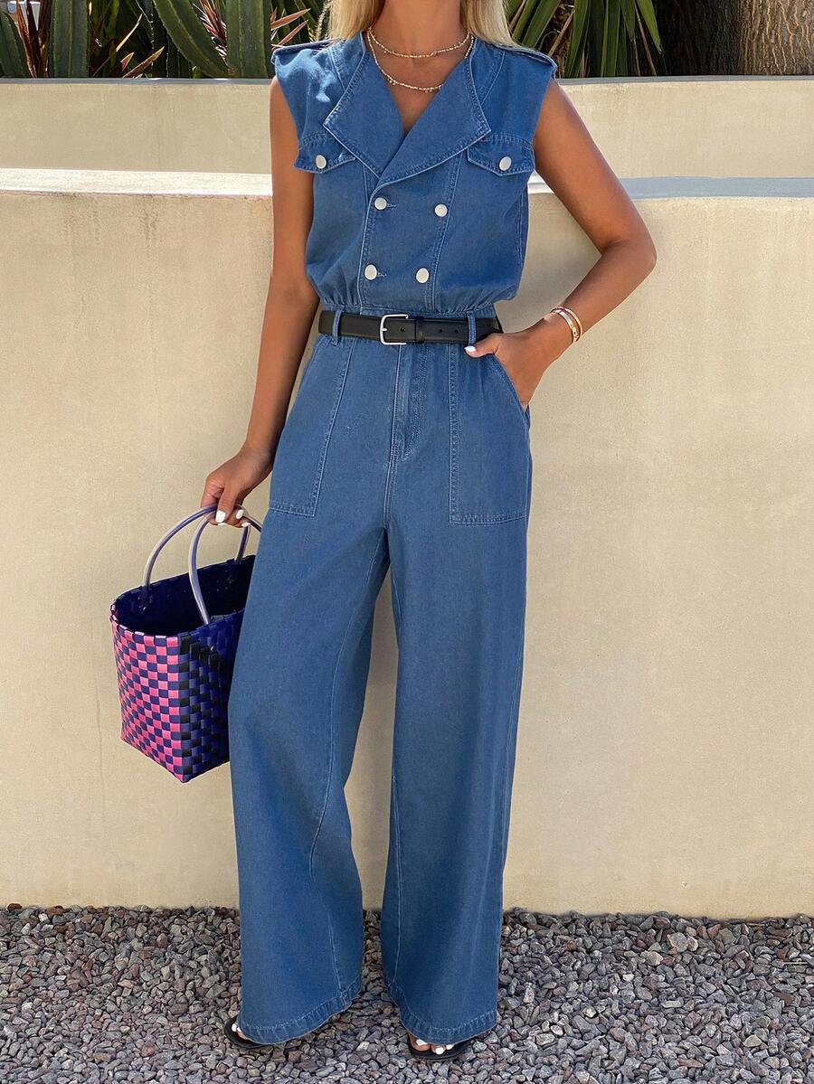 Livesso Bộ áo liền quần denim không tay dáng casual dành cho nữ - Màu xanh lam - Xem 1