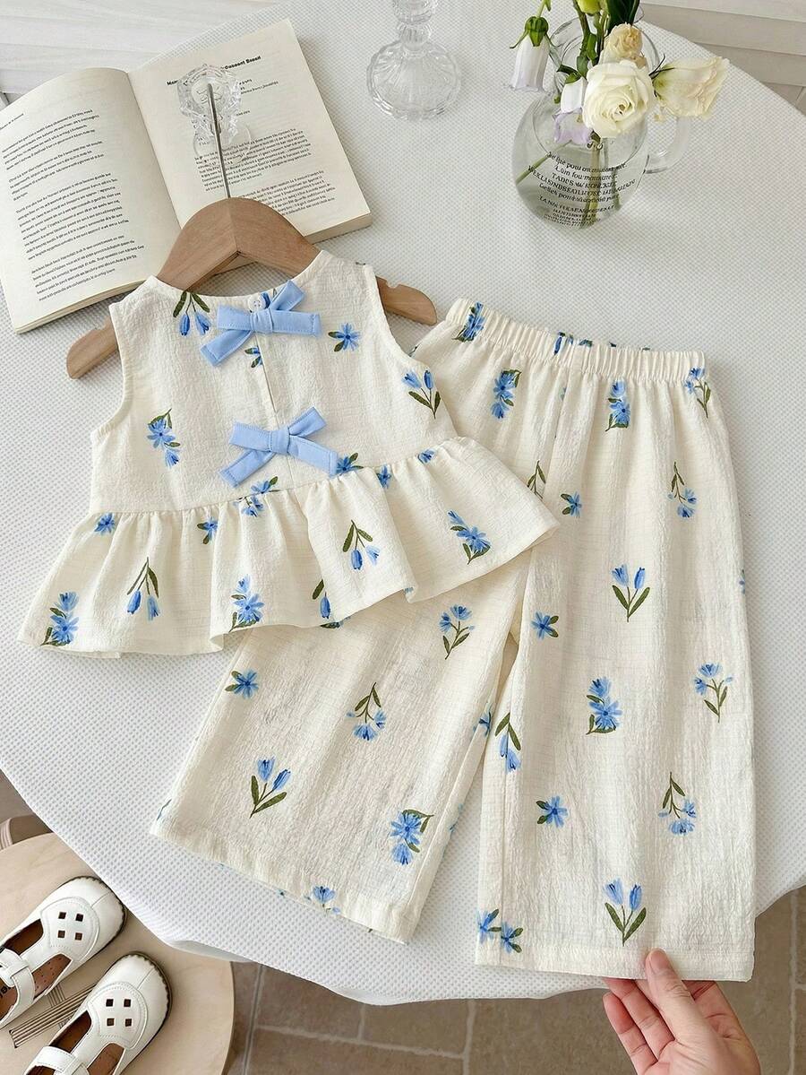 LMoss Kids 2件套女婴碎花编织休闲背心和裤子套装