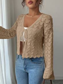 Elenzga Women's Elegant Khaki Beach Cover Up Top Vacation Hollow Out Tie-Front Hollow Out Cardigan,Spring Summer - Camel - View 7