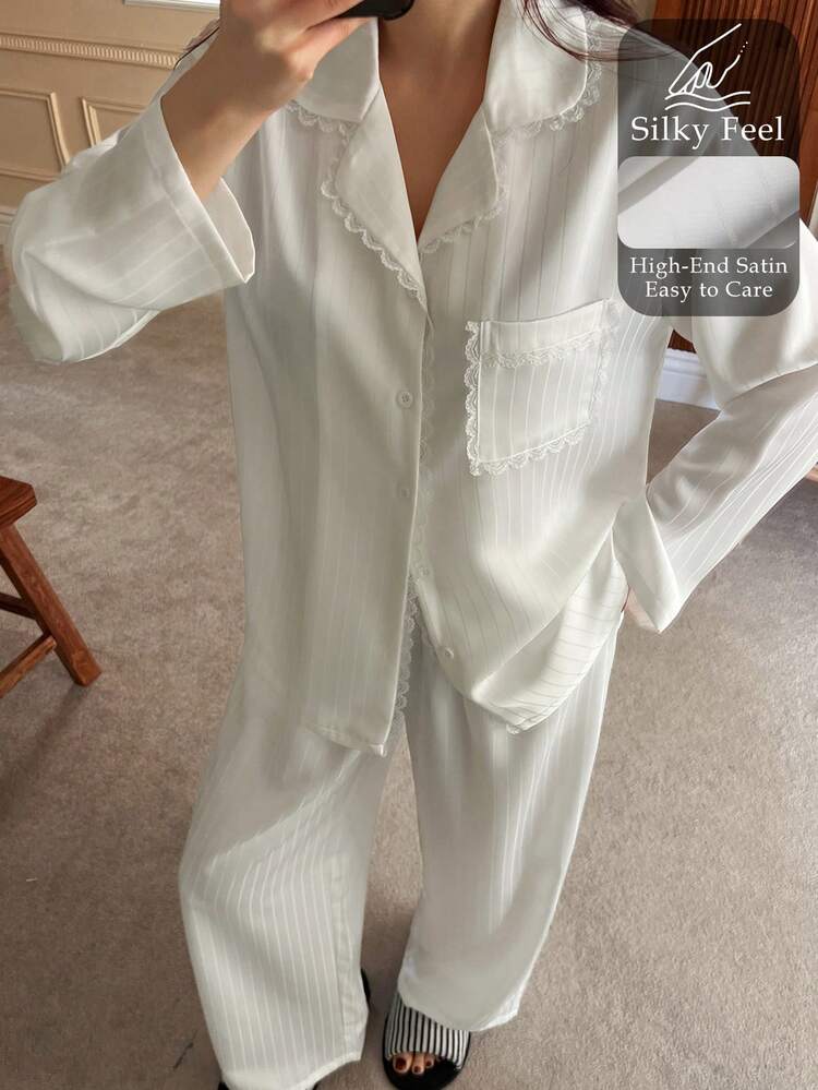 Elegant Summer Vacation Satin Jacquard Stripe & Lace Patchwork Loose Women Pajama Set