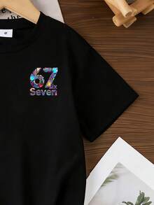 小男孩時尚彩色 67 字母印花短袖 T 恤，適合學校、夏季、海灘，Six Seven 7 歲生日 Tee，Squishy Boy 男孩 T 恤 - 彩色 - 查看 5
