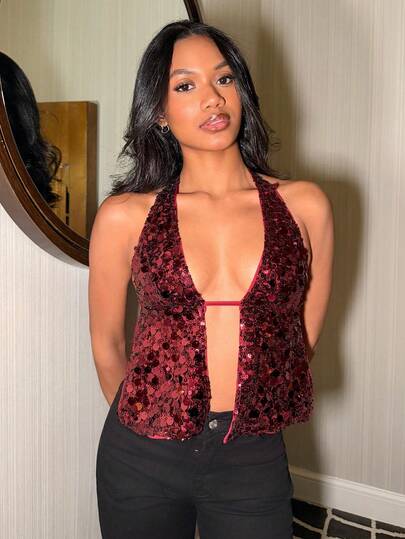 Natali Santanap 女士优雅露背亮片吊带背心，适合晚宴、狂欢派对、约会之夜、夜店聚会、秋冬性感装扮、Y2K闪亮圣诞装、圣诞派对女式上衣、节日派对女式上衣、感恩节/性感装扮、夜店装扮、红色上衣