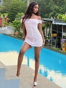 Mima John 女士甜美提花镂空性感露肩休闲修身连衣裙，春夏款 - 粉色 - 查看 3