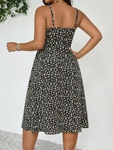 SHEIN Frenchy French Casual Minimalist Vacation Daisy Print High Slit Sexy Spaghetti Strap Mid-Length Dress, Suitable For Spring/Summer Vacation, Plus Size - Multicolor - View 2